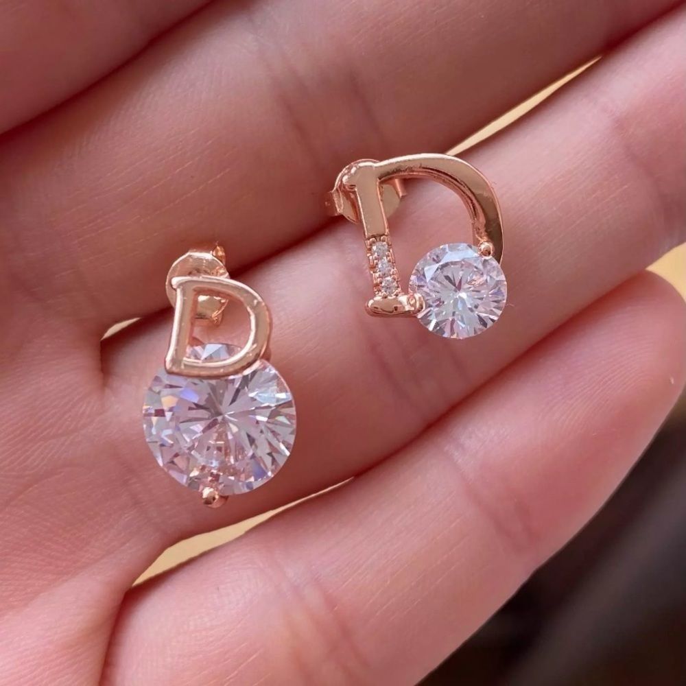 New CZ “D” Asymmetrical Earrings Rose Gold Tone